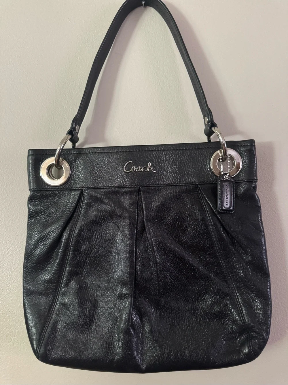 Vintage Coach Black Leather Shoulder Bag with Silver and Hardware